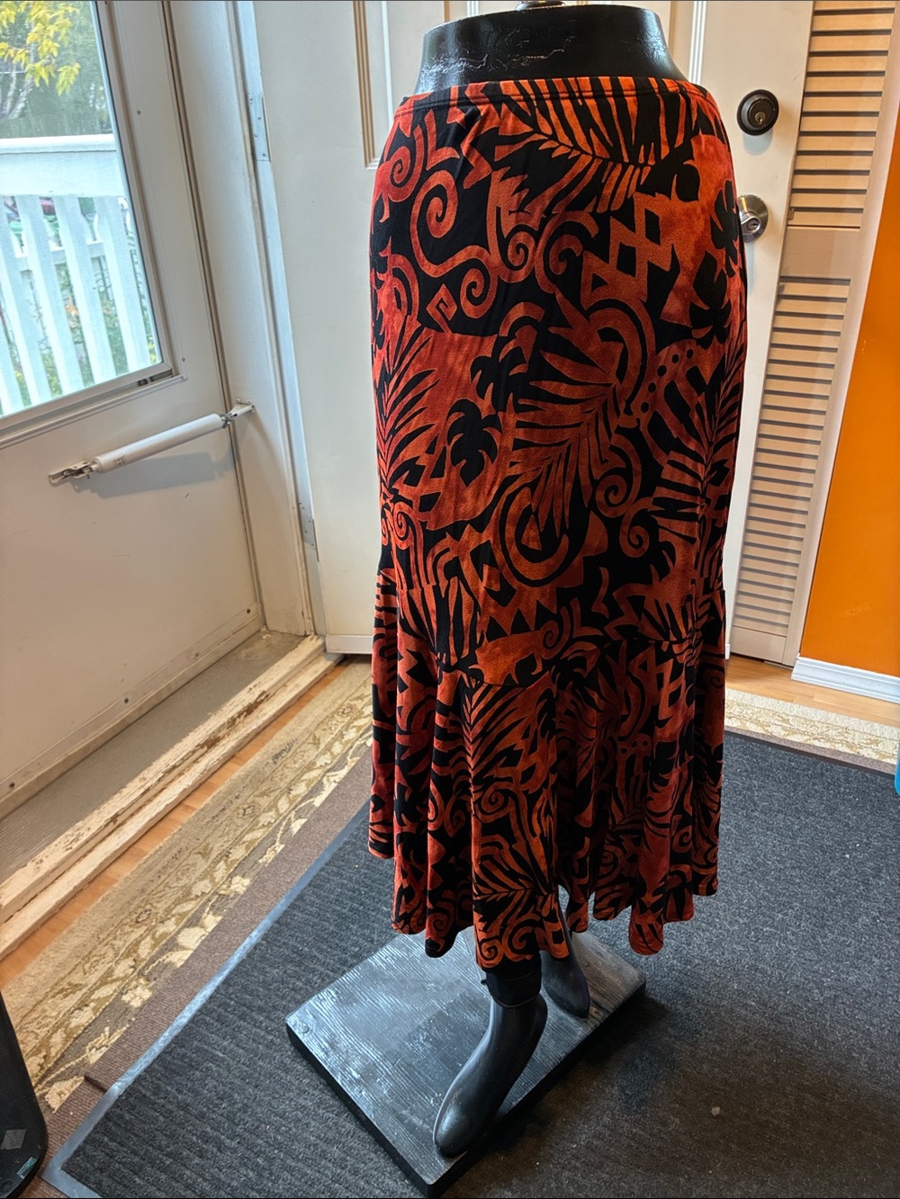 Coldwater Creek Black and Rust Orange Patterned Midi Skirt